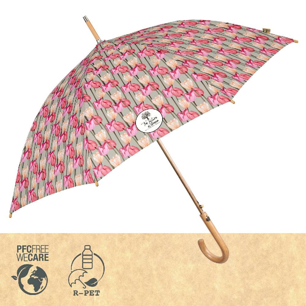 Perletti Ombrello Green Lungo Tulipani Rosa Moda