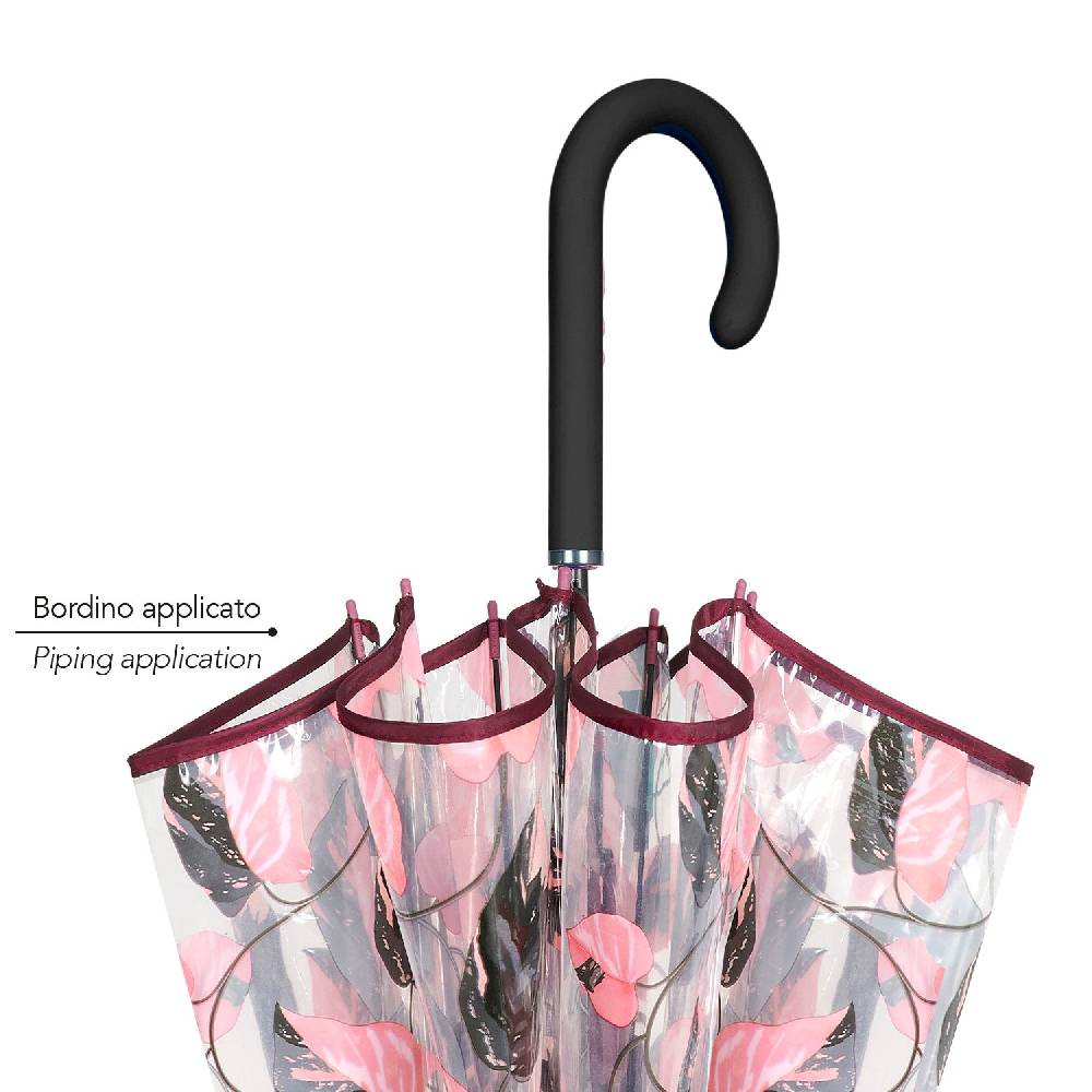 Perletti Ombrello Trasparente Foliage Rosa e Nero Soddisfazione Garantita