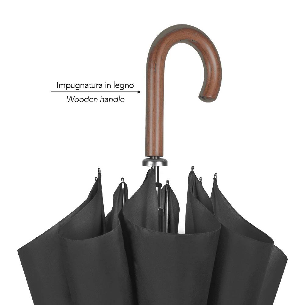 Perletti Ombrello Lungo Nero con Manico in Legno Saldi Di Fabbrica