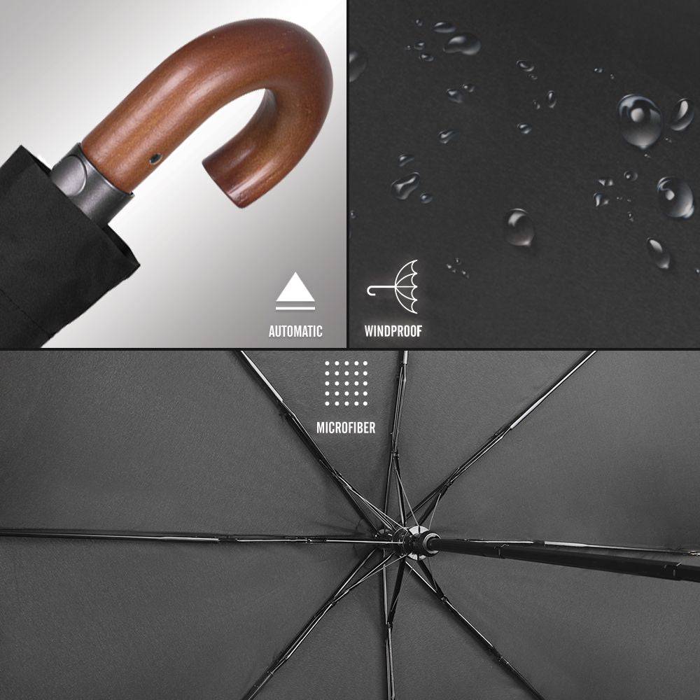 Perletti Ombrello Pieghevole Nero con Manico in Legno Automatico Vendite Flash