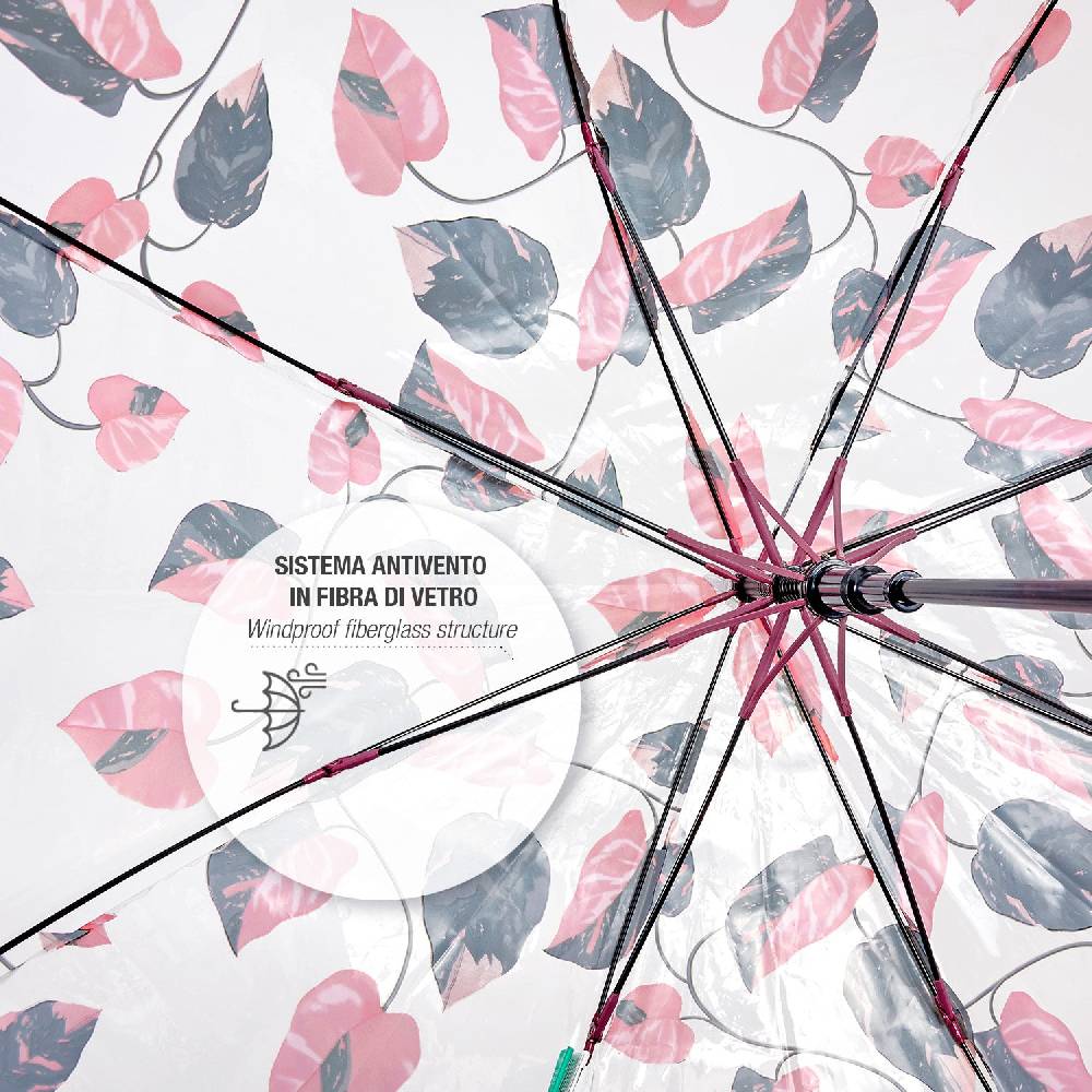 Perletti Ombrello Trasparente Foliage Rosa e Nero Online Outlet