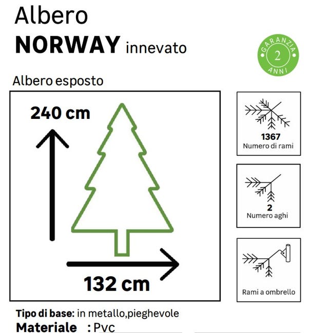 Leroymerlin Albero di Natale artificiale innevato Norway verde H 240 cm x Ø 132 cm Soddisfazione Garantita