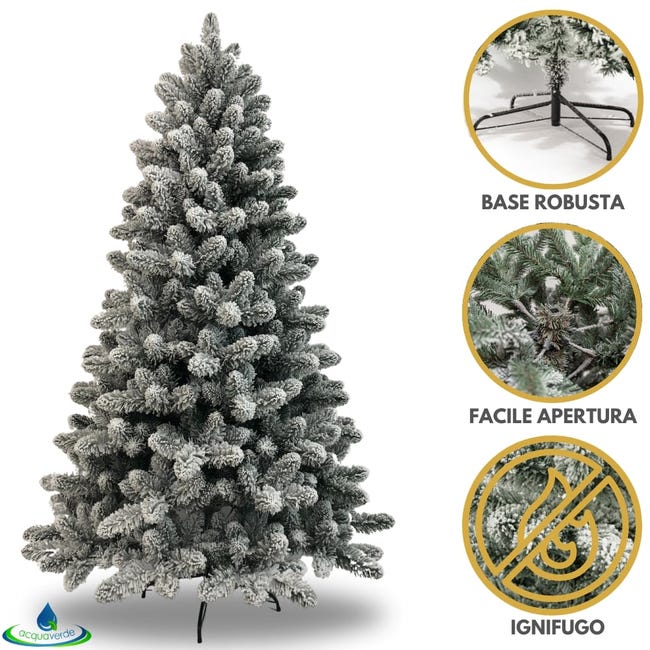 Leroymerlin Albero di Natale Innevato Acquaverde Folto e Realistico Rami con Apertura ad Ombrello Ignifugo In PVC Verde e Bianco con Base in Metallo 210 cm Offerte