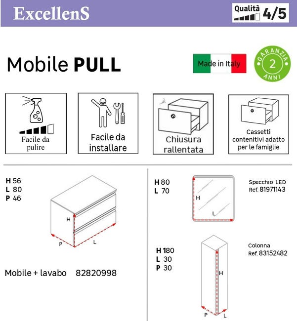 Leroymerlin Mobile sottolavabo e lavabo Pull bianco opaco in mdf L 80 x H 56 x P 46 cm 2 cassetti In Linea