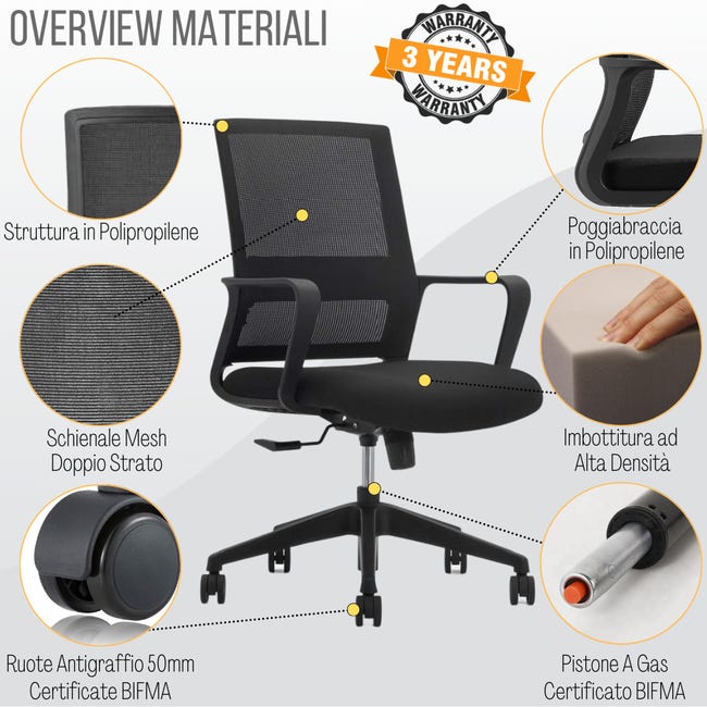 Leroymerlin Sedia Ufficio Ergonomica Supporto Lombare Regolabile e Traspirante - Nero Sconto