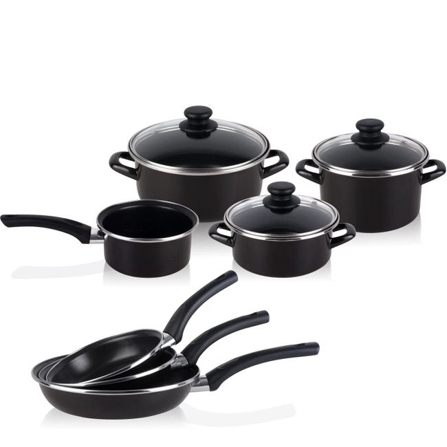 Leroymerlin Batteria da Cucina Induzione Set Pentole 7 Pezzi e 3 Padelle Coperchi in Vetro Magefesa Nero KENIA