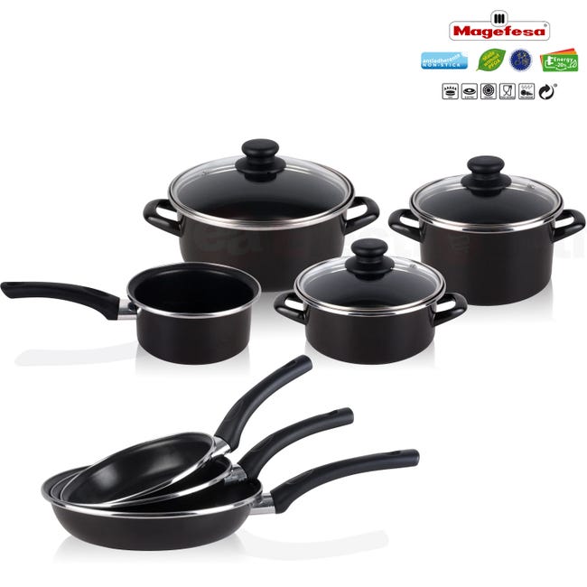 Leroymerlin Batteria da Cucina Induzione Set Pentole 7 Pezzi e 3 Padelle Coperchi in Vetro Magefesa Nero KENIA In Saldo