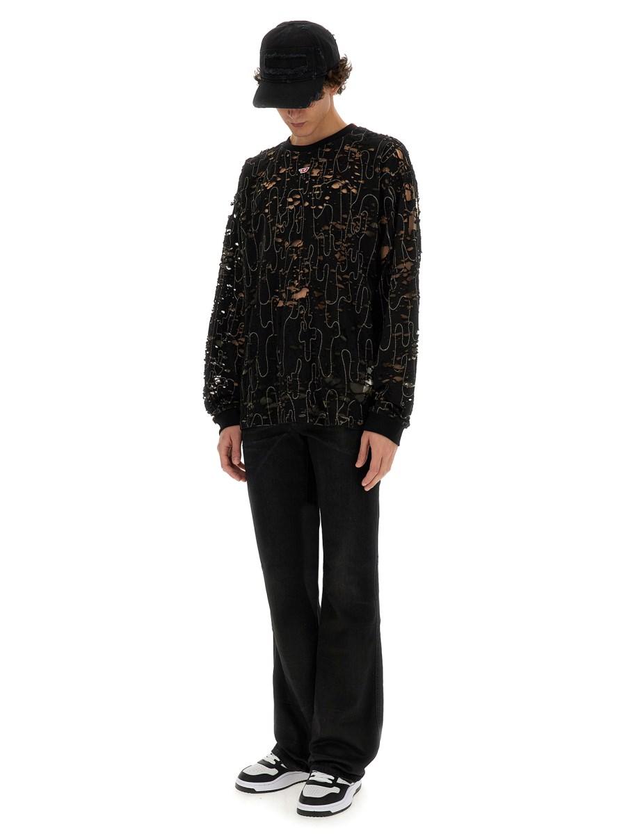 DIESEL MAGLIA "T-BOXT-LS-DEVOR" IN TULLE E JERSEY DESTROYED Fino Al -60%