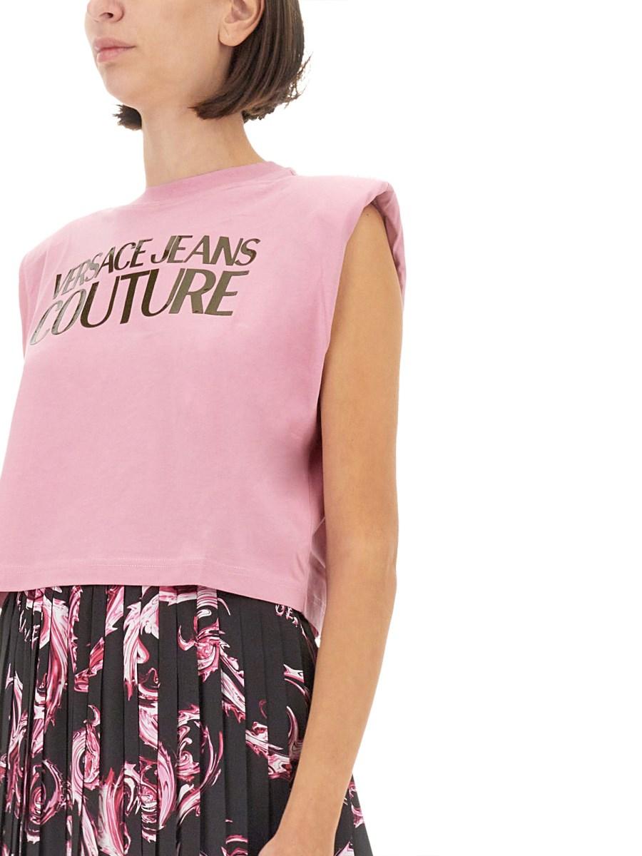 VERSACE JEANS COUTURE TOP IN JERSEY DI COTONE CON LOGO Moda