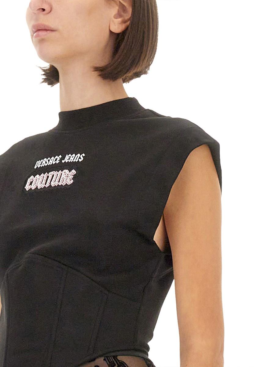 VERSACE JEANS COUTURE TOP IN JERSEY DI COTONE CON LOGO Italy