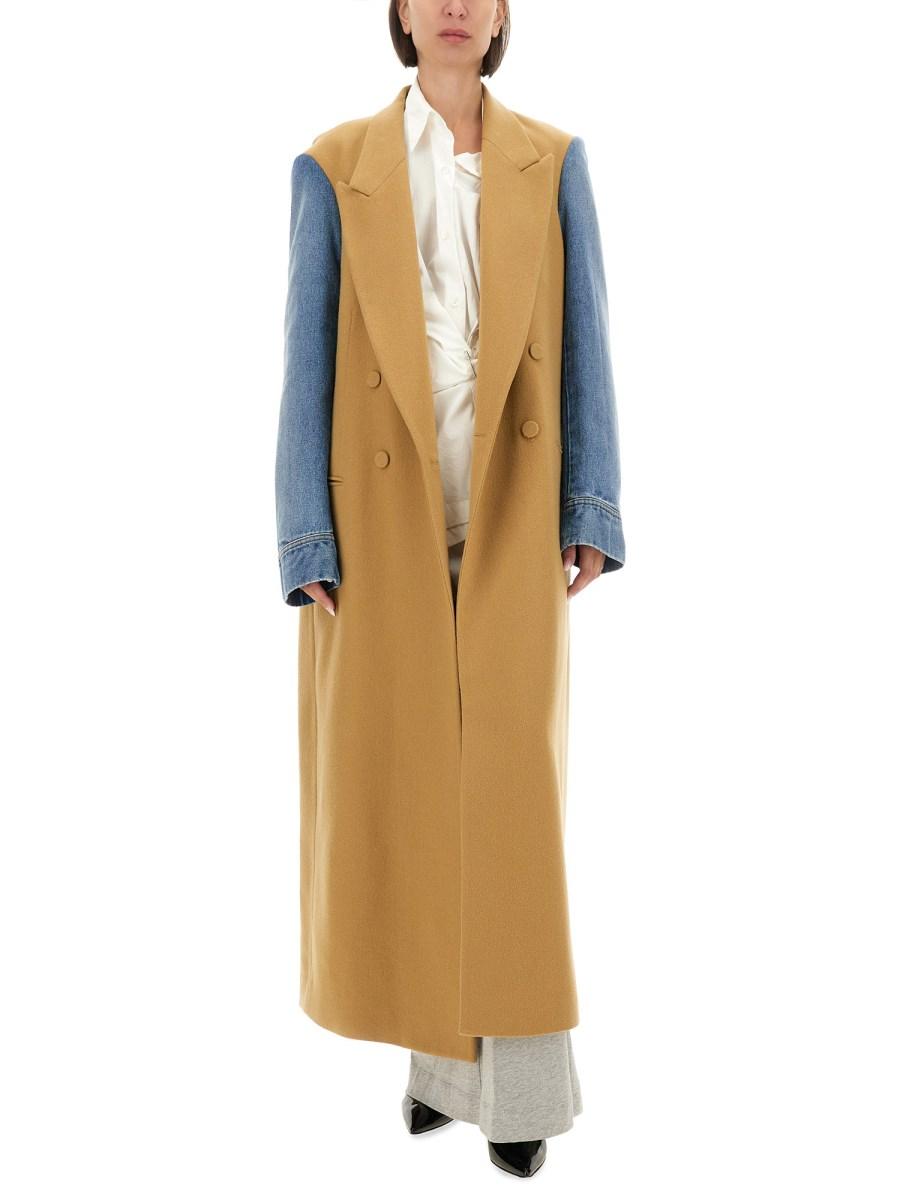 DRIES VAN NOTEN CAPPOTTO CON MANICHE DENIM IN GABARDINE DI LANA SPAZZOLATA Vendita Economica