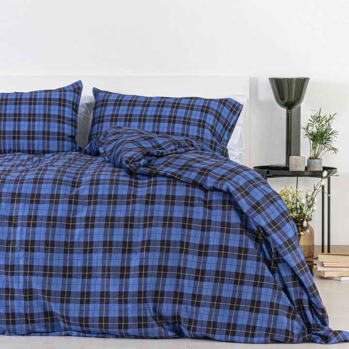 Zenoni & ColombiCopripiumino Oxford Blu in 100% Raso di Cotone Stampato Fantasia Tartan con Federe Prezzo Ridotto