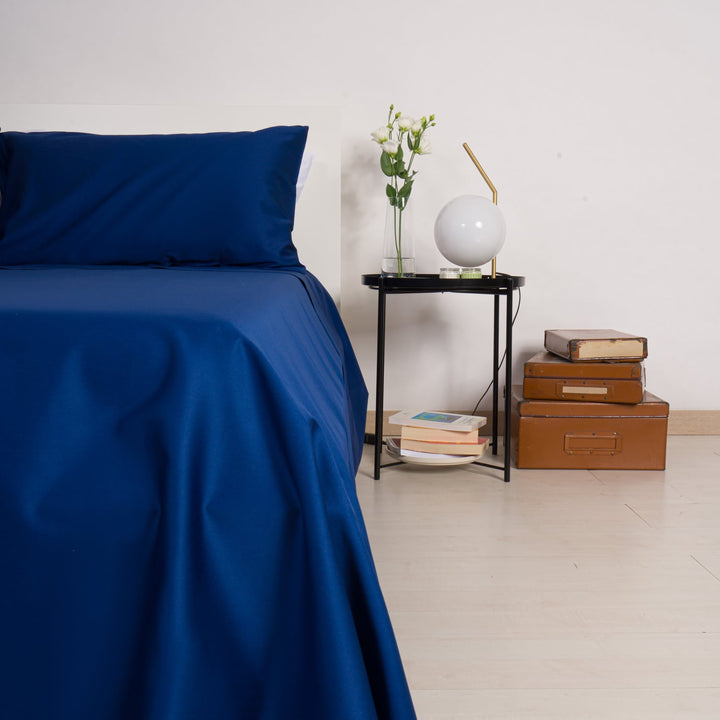 Zenoni & ColombiCompleto Lenzuola in 100% Raso di Cotone Blu Oltremare Offerta